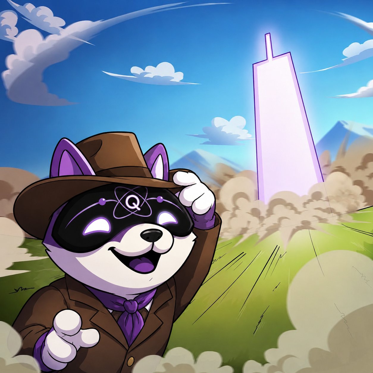 Quantum Inu tipping a hat in front of a rising candle