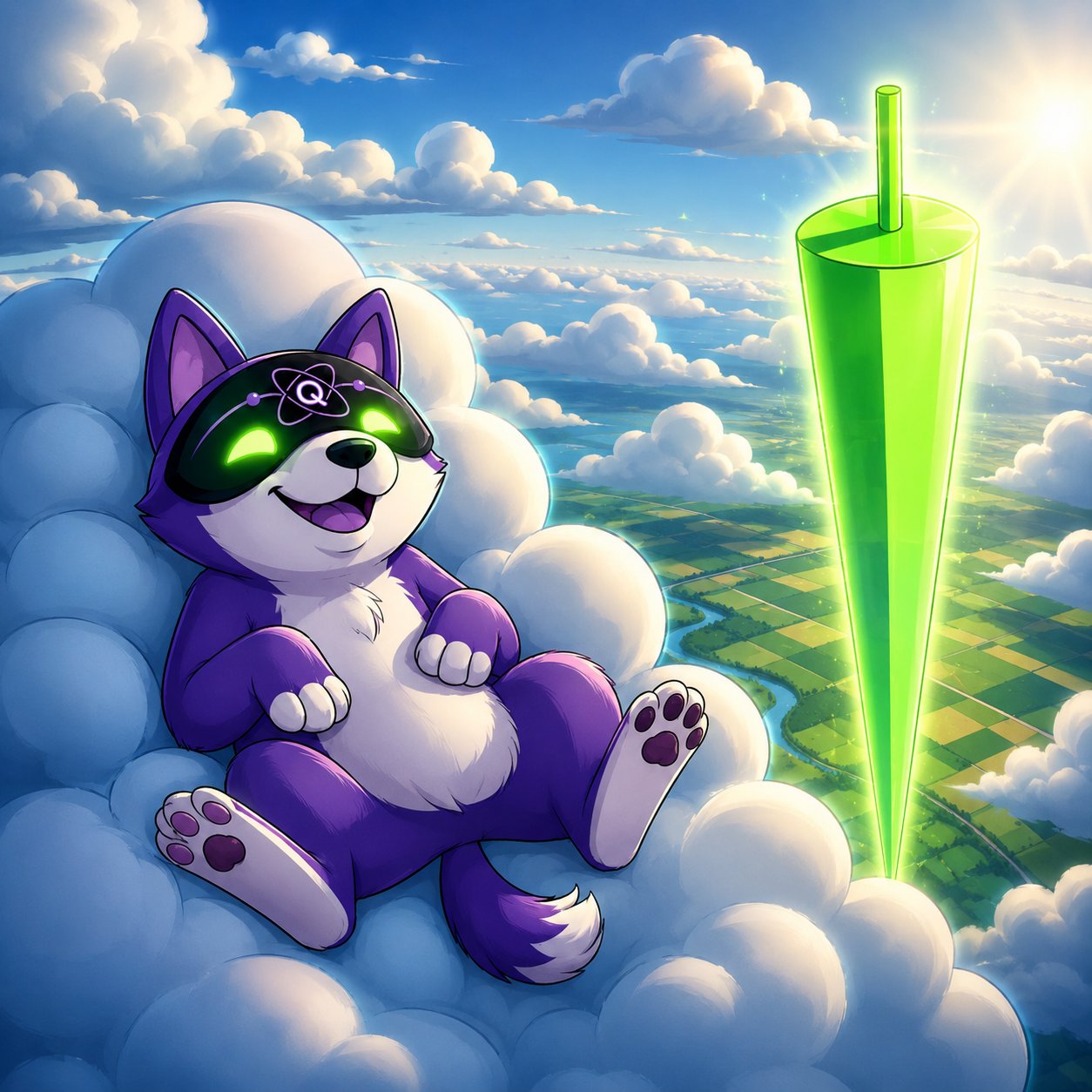 Quantum Inu resting on a cloud beside a green candle